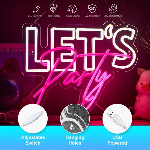 Vista 3 de Letrero de neón con texto en inglés "Let's Party", para decoración de pared, decoración de fiesta, luces LED de neón regulables por USB