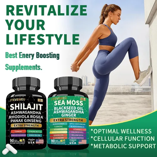 Vista 2 de Paquete de shilajit y musgo marino - 90 unidades - Musgo marino, Ashwagandha, Shilajit, Rhodiola Rosea y jengibre, suplementos todo en 1
