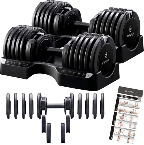 Vista 16 de ByZoom Fitness - Mancuerna ajustable de 12.5/25 libras – Unidad individual O juego de 2 – Peso ajustable 5-en-1 para gimnasio en casa, entrenamiento