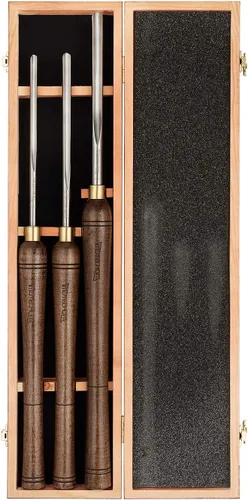 Vista 7 de Gubia de Cuenco HSS de 1/2 pulgadas para Torno, Herramientas de Torneado de Madera con Caja de Plástico Redonda y Bolsa Colgante