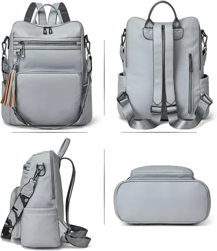 Vista 27 de OPAGE - Mochila de cuero para mujer, con borla de moda, bolso de hombro, mochila grande, bolsa de viaje, gris, L