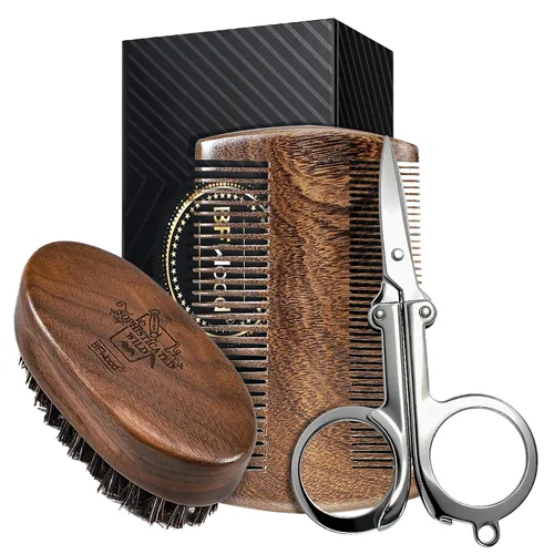 Vista 9 de BFWood Cepillo pequeño para barba de viaje, cerdas naturales de jabalí con madera de nogal negro