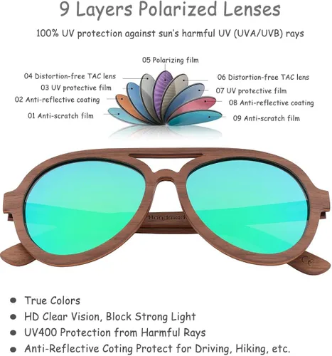 Vista 3 de Elervino Pilot - Lentes de sol polarizados de madera para hombres y mujeres, lentes de sol de bambú