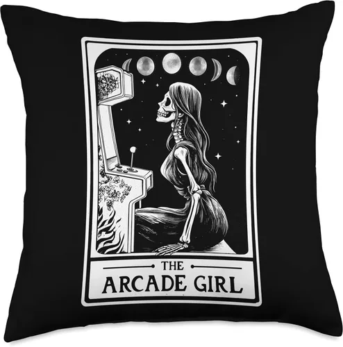 Vista 4 de The Arcade Girl Retro Arcade Gaming 80s Tarot Card Skeleton Throw Pillow