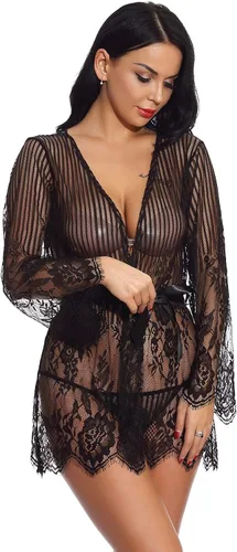 Vista 6 de Lencería para mujer encaje en V con bragas peluche sexy babydoll ropa de dormir profunda talla grande lencería para mujer corsé 5X negro XL
