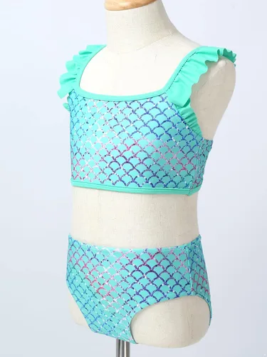 Vista 4 de Traje de baño de dos piezas con estampado de escamas de sirena para niñas y niñas