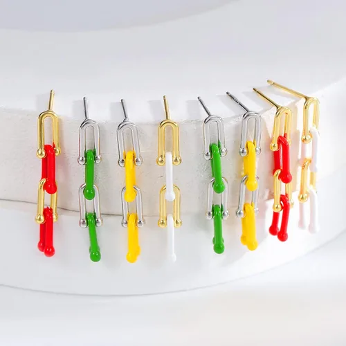 Vista 6 de Aretes de aro convertibles de oro para mujer Juego de aretes de aro de eslabones de plata de 14 quilates, esmalte Y2K, multicolor, rectangular