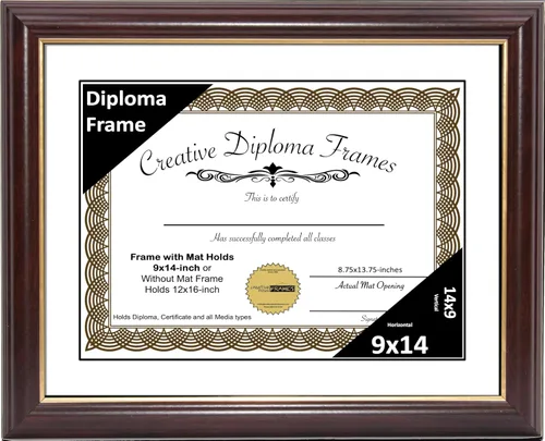 Vista 70 de Creative Picture Frames Marco para Diploma de Caoba con Borde Dorado de 12x16 pulgadas con Vidrio y Paspartú Negro y Colgadores de Pared Instalados