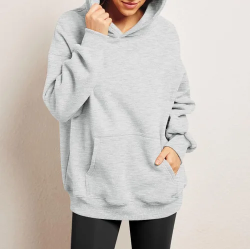 Vista 3 de Sudadera casual con capucha para mujer, de gran tamaño, manga larga, con bolsillos, color liso