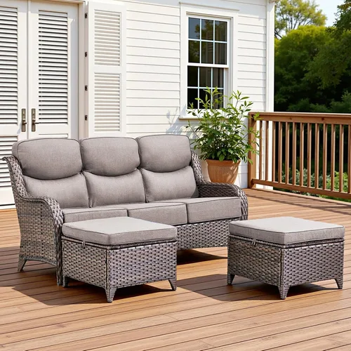 Vista 15 de Sofá de lujo para patio al aire libre, sofá de mimbre resistente para todo tipo de clima, sofá de 3 plazas con asiento profundo y funda extraíble