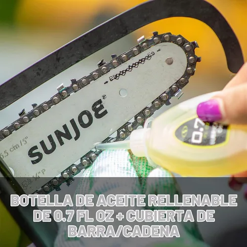 Vista 9 de Sun Joe Mini motosierra inalámbrica iON+ de 24V-HCS-LTE-P1 de 24 voltios, Verde y barra premium SWJ-OIL, aceite de cadena y piñón, lubricación