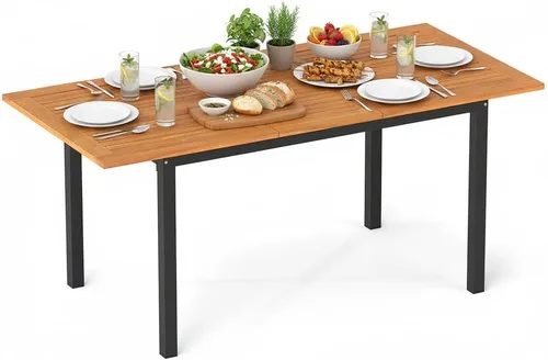 Vista 10 de Tangkula Mesa de comedor de madera de acacia de 55 pulgadas para 6, mesa rectangular para exteriores con patas de metal resistente y agujero