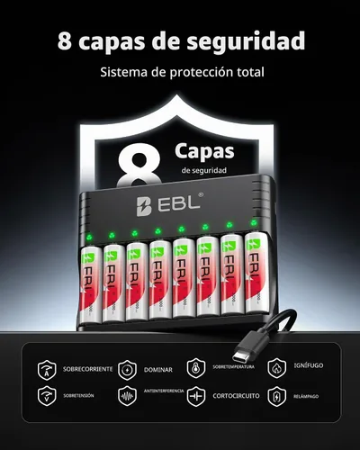 Vista 5 de EBL Cargador inteligente de 8 ranuras para AA/AAA, cargador rápido tipo C