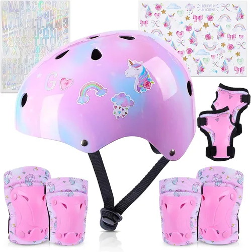Vista 12 de Casco para niños, casco de bicicleta para niños pequeños con pegatinas DIY Unicornio, rodilleras y coderas ajustables, juego de protección para Rosa