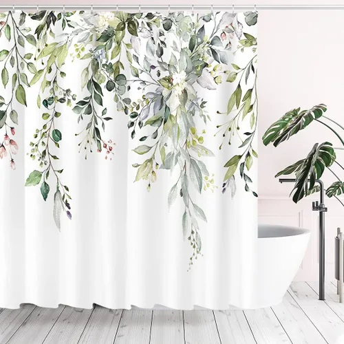 Vista 119 de Tititex - Juego de cortinas de ducha de eucalipto negro, hojas de acuarela gris en la parte superior, con decoración floral de baño, 60 x 72