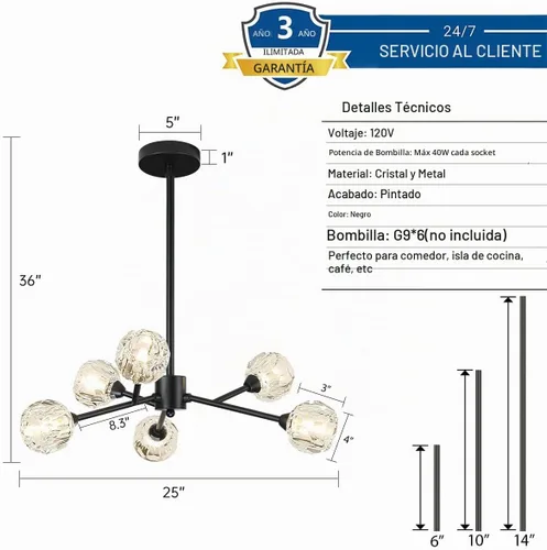 Vista 4 de Weesalife Candelabros Sputnik para comedor, 6 luces D25 pulgadas Negro