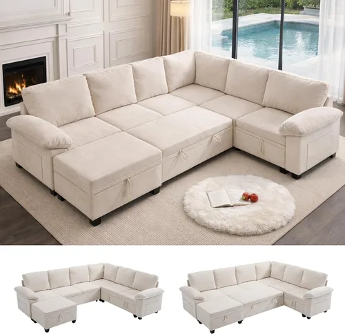 Vista 24 de Sofá cama modular modular con cama extraíble, sofá modular de 5 asientos en forma de L con almacenamiento, sofá nube, sofás seccionales convertibles