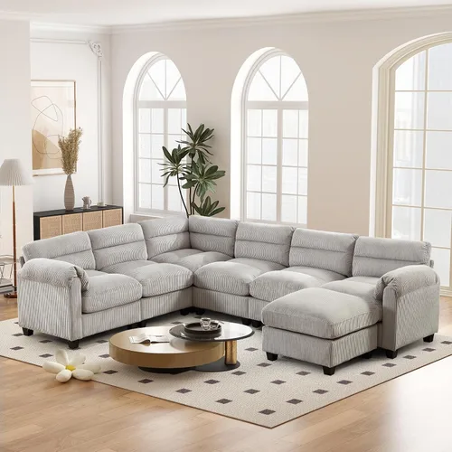 Vista 42 de HAOMARKETS Sofá esquinero modular en forma de L de 115 pulgadas con 2 otomanas móviles, sofás de pana de 8 plazas con cojín grueso para sala de Beige