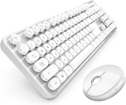 Vista 10 de Combo de teclado y mouse inalámbricos, teclado retro estilo máquina de escribir con teclas redondas, conexión de 2.4 GHz libre de caídas, mouse