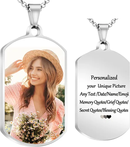 Vista 9 de Fanery Sue Personalized Picture Necklace for Men,Custom Text Jewelry Gift Plata - Collar con placa de identificación simple