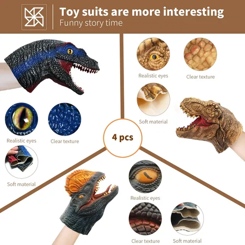Vista 5 de Yolococa Marionetas de mano de dinosaurio, juego de marionetas de animales de látex de 3 piezas con T Rex, velociraptor y dilophosaurus para contar