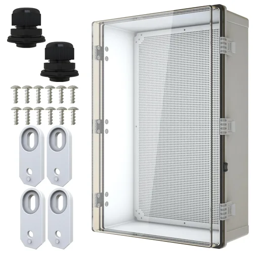 Vista 15 de MAKERELE Caja eléctrica impermeable pequeña al aire libre IP67 ABS caja de plástico con placa de montaje, cubierta gris con bisagras, soporte