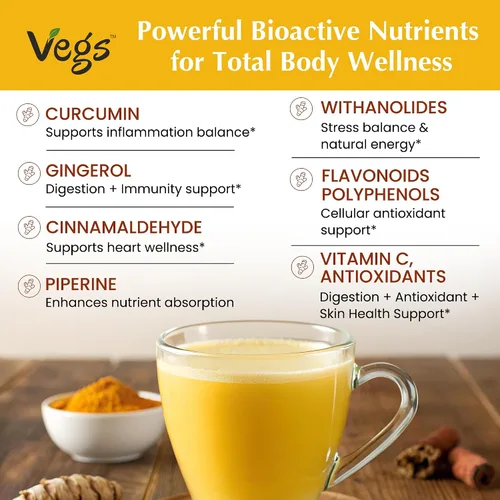 Vista 7 de Vegs Leche en polvo dorada de cúrcuma – 10 leches ayurvédicas súper especias con cúrcuma orgánica, jengibre, pétalos de rosa, canela, ashwagandha