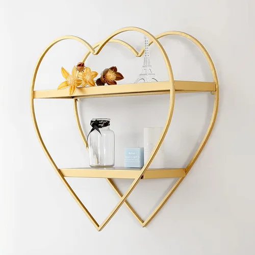 Vista 6 de Estantes de pared flotantes en forma de corazón de metal de 2 niveles para dormitorio (oro, 19.7 x 5.9 x 20.1 in)