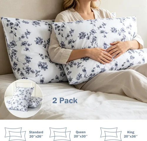 Vista 3 de URBONUR Fundas de almohada 100% algodón tamaño estándar, paquete de 2 fundas de almohada estándar con estampado floral azul, cierre de sobre súper