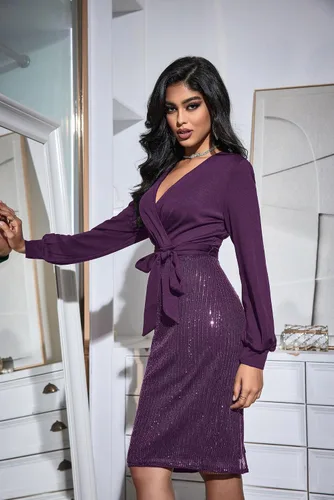 Vista 3 de GRACE KARIN Vestido de fiesta brillante con lentejuelas para mujer, vestido de cóctel ajustado con purpurina de manga larga