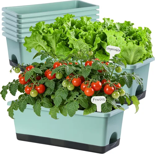 Vista 13 de Oliz Macetero rectangular para ventana, 8 unidades, 17 pulgadas con agujeros de drenaje y bandejas, macetas para alféizar de ventana, patio, jardín