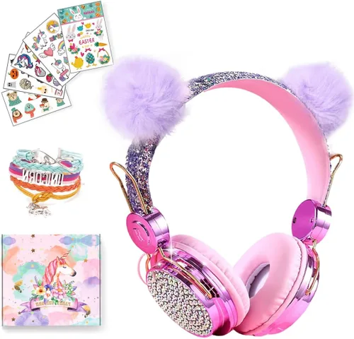 Vista 10 de SVYHUOK Auriculares inalámbricos de oreja de gato para niños con micrófono, auriculares Bluetooth sobre la oreja para la escuela, teléfonos