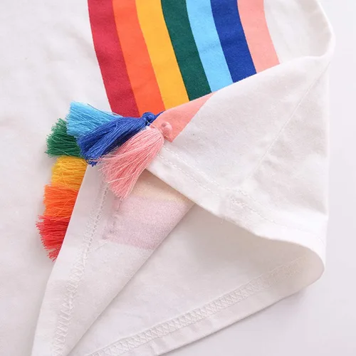 Vista 7 de Camiseta de manga corta con borlas, diseño de arco iris, a rayas, para el verano, para niños y niñas
