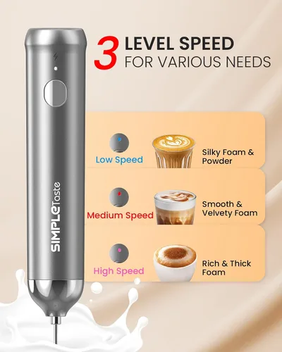 Vista 3 de SIMPLETASTE Espumador de leche recargable de mano, 3 velocidades, gris