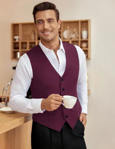 Vista 3 de COOFANDY Chaleco de traje de negocios para hombre, chaleco de vestir ajustado, chaleco de boda