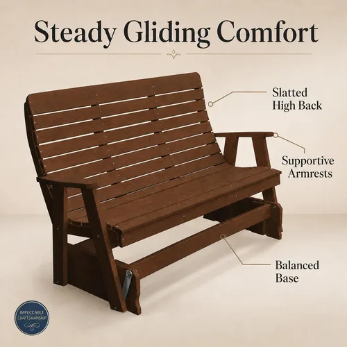 Vista 6 de Amish Made Antique Mahogany 4 ft Outdoor Glider Bench, HDPE Made in USA Fairfax Collection HDPE Poly Lumber Outdoor Glider Bench, All-Weather