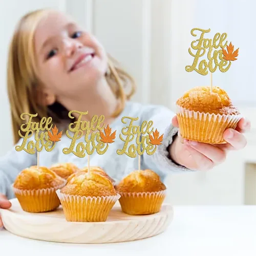 Vista 7 de Rsstarxi Paquete de 24 adornos para cupcakes con hojas de otoño, día de Acción de Gracias, palillos de dientes, despedida de soltera, decoración