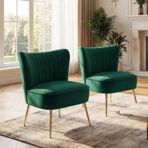 Vista 12 de DUOMAY Juego de 2 sillas decorativas modernas de terciopelo con patas doradas, silla lateral con respaldo alado para sala de estar, dormitorio Negro