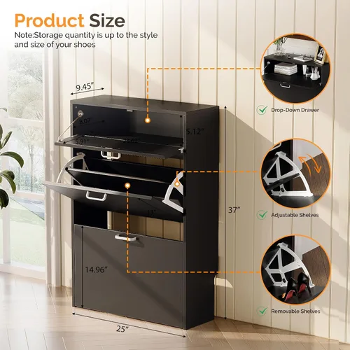 Vista 2 de VINGLI - Armario de zapatos para entrada con 2 cajones abatibles y 1 desplegable 24.8" W Narrow Slim,Modern Black Color,Holds 8–12 Pairs of