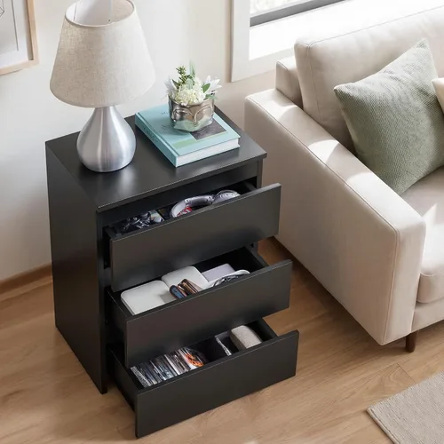 Vista 5 de Yaheetech - Mesita de noche pequeña con 3 cajones, cómoda de almacenamiento para dormitorio, color negro