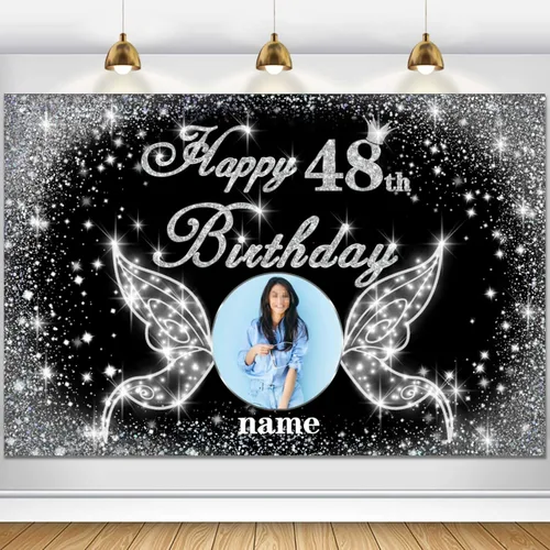 Vista 60 de Cartel personalizado de decoración de fiesta de cumpleaños número 100 - tema de alas de ángel - negro y plateado HY-NLK-100º