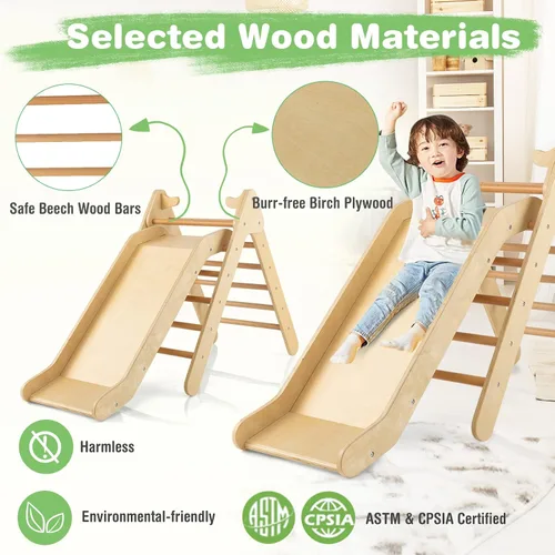 Vista 4 de HONEY JOY Escaladora triangular con rampa, escalera triangular para niños para guardería, gimnasio y parque infantil, juguetes de escalada Natural