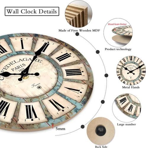 Vista 4 de Relojes de pared de madera retro que funcionan con pilas de 10 pulgadas Blue1