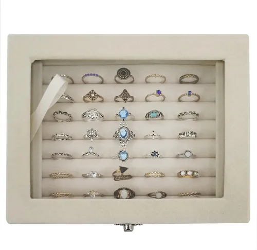 Vista 6 de Caja organizadora de anillos de terciopelo con tapa transparente para mujeres, niñas y adolescentes, joyero pequeño de cristal, color beige