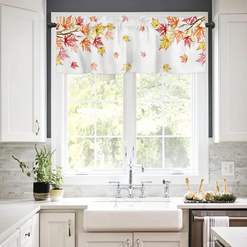 Vista 2 de Cenefa para ventanas, cenefas de cocina con bolsillo para barra, cortinas cortas de hojas de arce de Acción de Gracias para sala de estar, baño