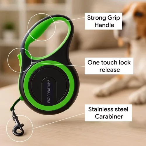 Vista 4 de Correa retráctil para perro, correa de nailon resistente no masticable de 16.4 ft con gancho giratorio de 360°, bloqueo de un solo toque, mango