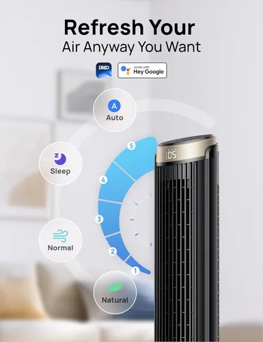 Vista 7 de Dreo - Ventilador de torre WiFi de 40 pulgadas, enfriamiento de alta velocidad de 26 pies por segundo, ventilador silencioso con control remoto