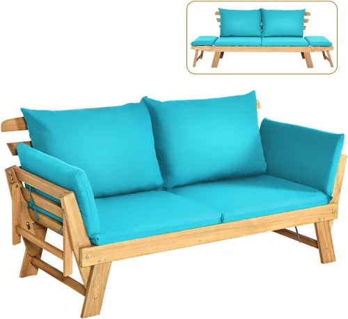 Vista 11 de Tangkula Sofá Cama Convertible de Madera de Acacia para Patio con Reposabrazos Ajustable, Sofá Cama de Exterior con Cojín y Almohadas, Banco Sofá