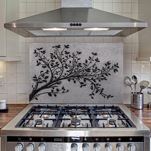 Vista 3 de Azulejos de salpicadura de cocina de cobre hechos a mano, ramas de árbol con hojas para salpicadura de cocina, panel decorativo de salpicadura