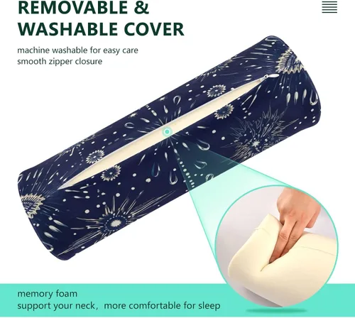 Vista 4 de White Eyes Blue Neck Pillow for Sleeping, Cervical Roll Memory Foam Pillows for Neck Pain Relief, Neck Support Round Pillows with Washable Cover for